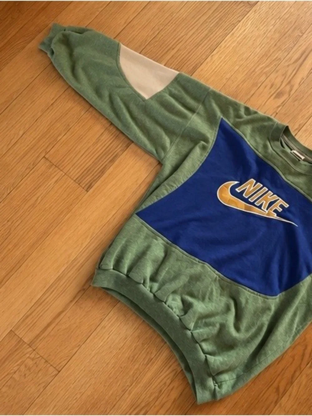 One of a kind reworked patched Nike green & blue crewneck